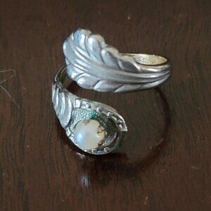 Vintage Silver Plated Pearl Spoon Ring Size 7 Adjustable